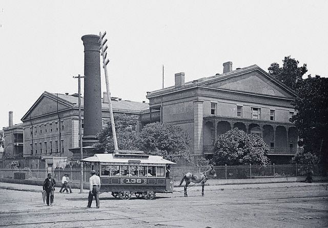 Sreetcar pulled by mule in front of U.S. Mint Building in 1890s. Commons.Wikimedia.org