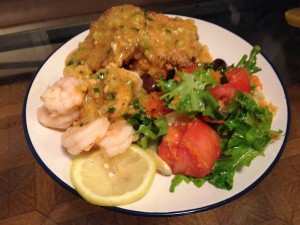 Remoulade Sauce over boiled shrimp and fried green tomatoes. 